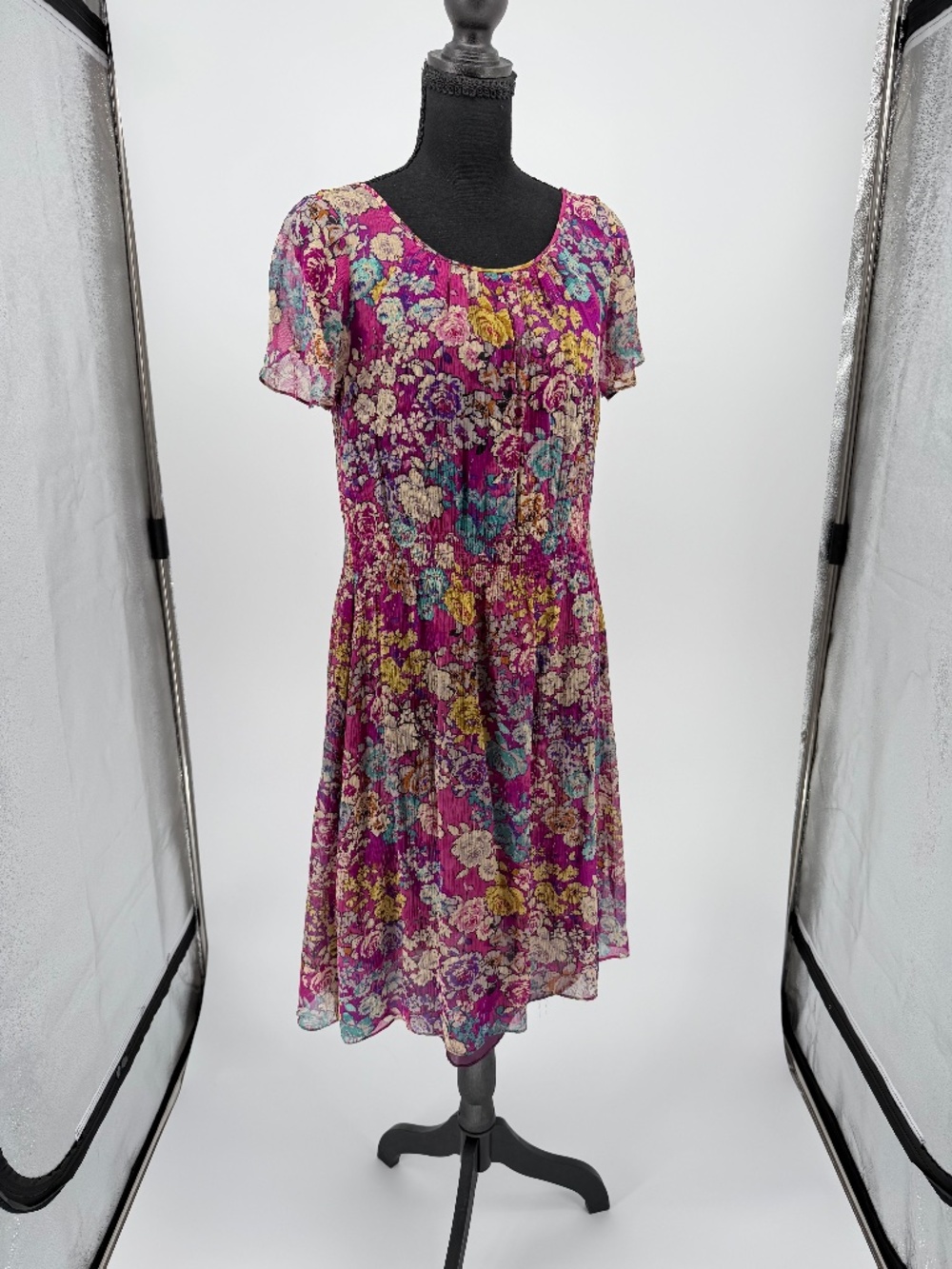 Sundance 100% Silk Chiffon Pink Floral Smocked Midi Dress 4